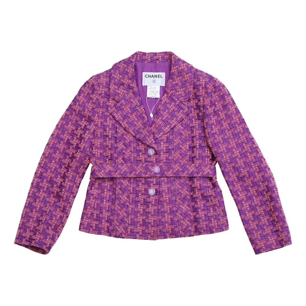 Chanel multicoloured purple pink jacket with belt
CC logo on frontal bottons
totally made in france in size 36FR 
total lenght 55 cm
shoulders 36 cm
shoulder to hem 53 cm