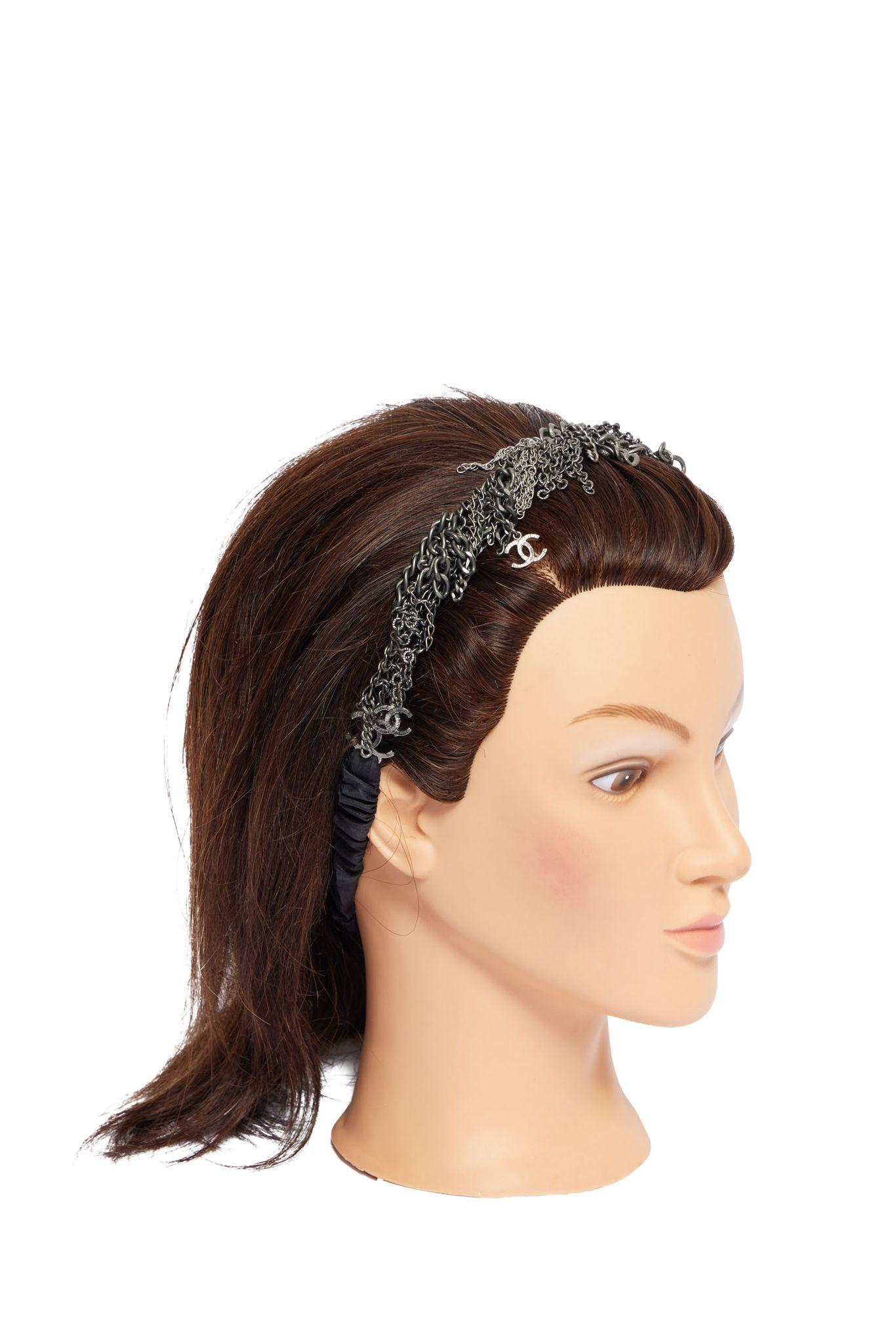 Chanel multi chain headband, one size fits all. Gunmetal and black silk. Comes with original pouch.