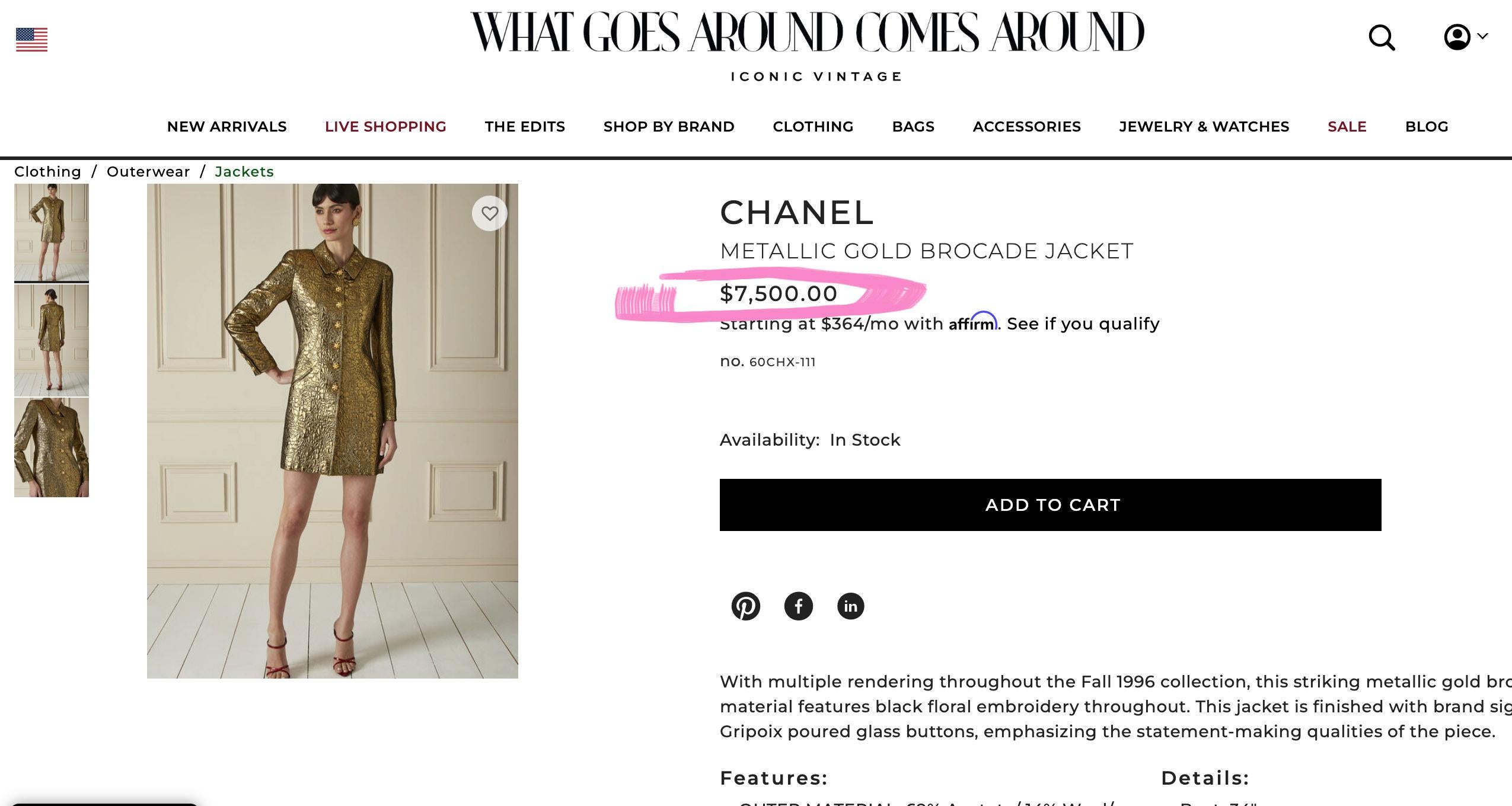 Rarissime, collectionneur Chanel veste en brocart vintage avec  broderie florale de la Collection Sal de 1996. Une pièce digne d'un musée !
Le prix en boutique était de plus de 13 000 €, les prix sur d'autres sites commencent à partir de 7 600 $.
Vu