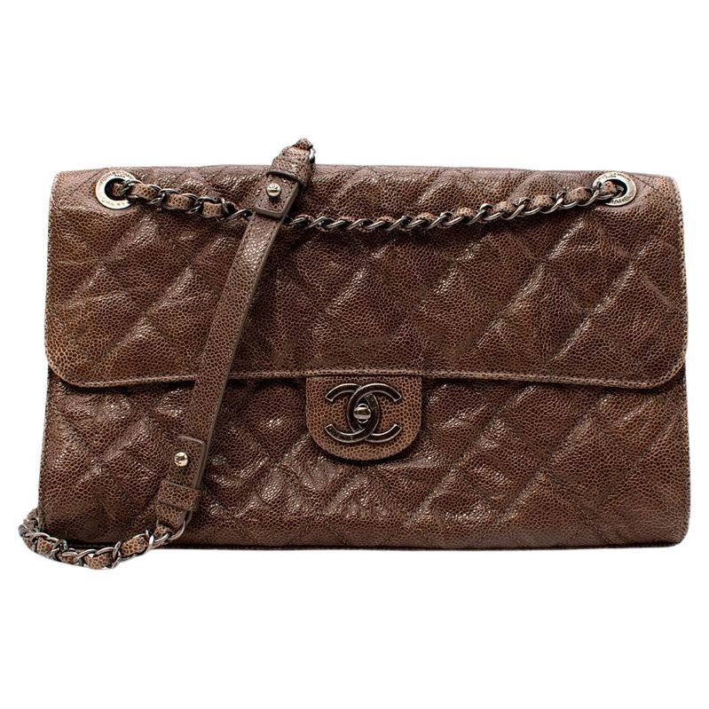 Chanel Mushroom Brown Distressed Glossy Caviar Leather Flap Bag For Sale