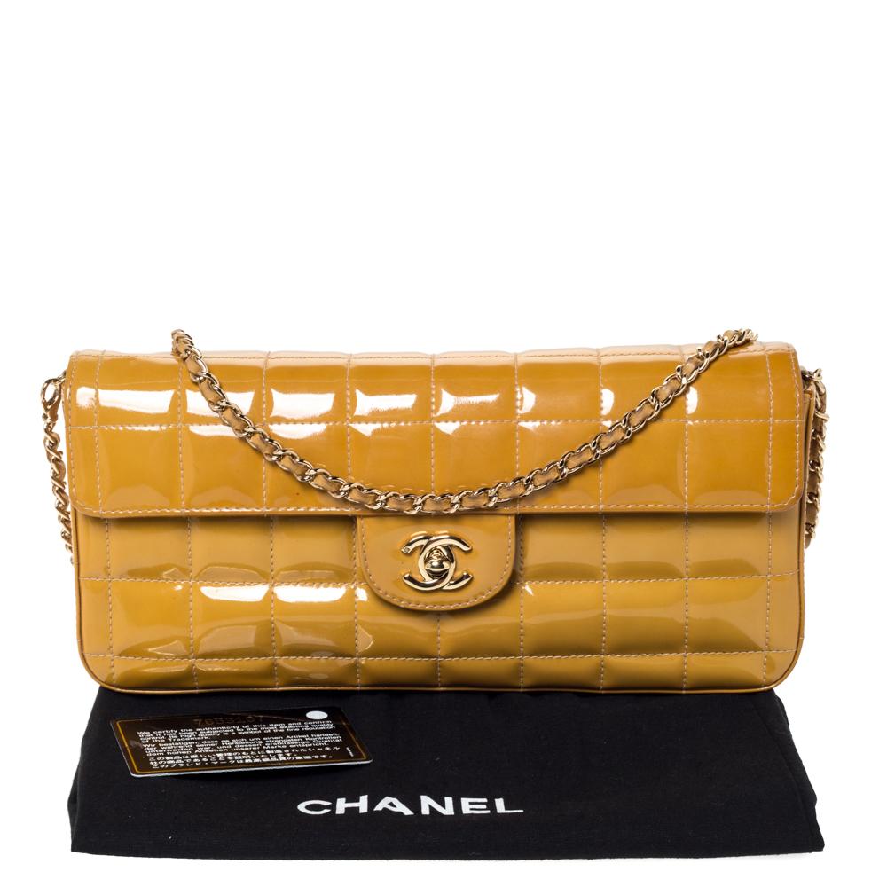 Chanel Mustard Chocolate Bar Quilted Patent Vinyl East West Flap Bag 1