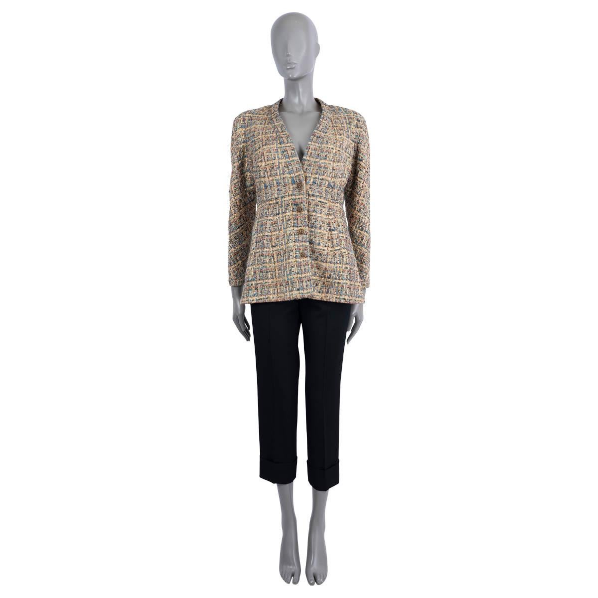 100% authentic Chanel lurex tweed jacket in mustard and multicolor polyester (36%), acrylic (16%), viscose (16%), cotton (9%), acetate (6%), wool (5%), polyamide (5%), alpaca (4%) and other fibers (3%). Features a V-neck, jeweled Gripox buttons and