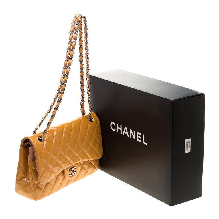 Chanel Mustard Quilted Patent Leather Jumbo Classic Double Flap Bag For