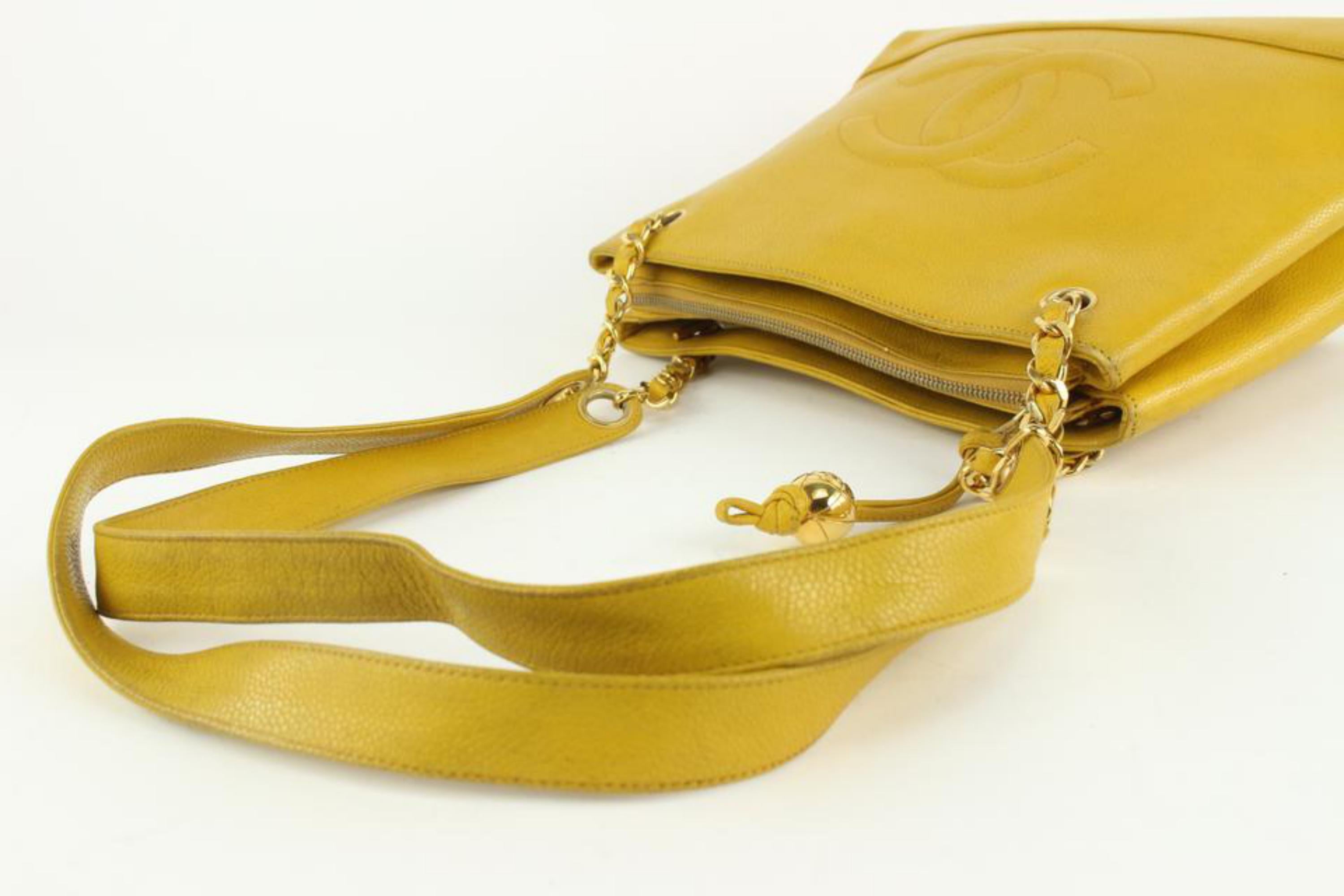 Chanel Mustard Yellow Caviar Leather Timeless CC Chain Tote Bag 1115c5 In Fair Condition In Dix hills, NY