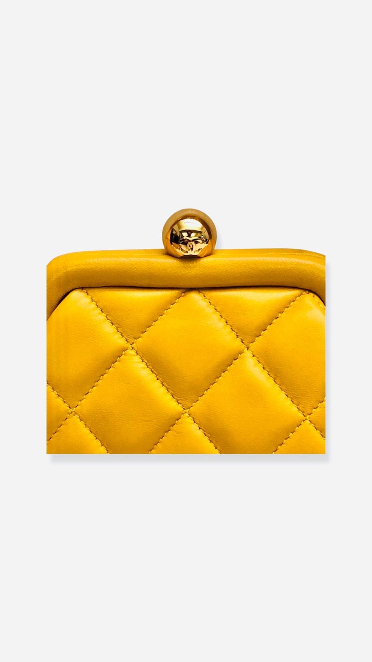 Chanel Mustard Yellow Quilted Lambskin Kiss-Lock Purse Handbag  For Sale 1