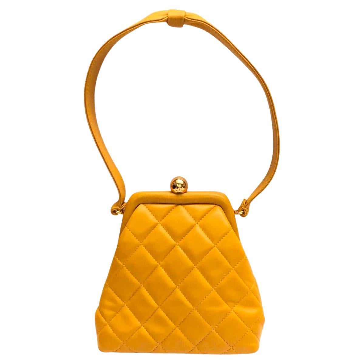 Chanel Mustard Patent Leather Chain Strap Quilted Flap Closure Turn Lock Bag