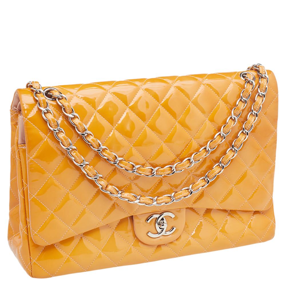Chanel Mustard Yellow Quilted Patent Leather Maxi Classic Double Flap Bag 4