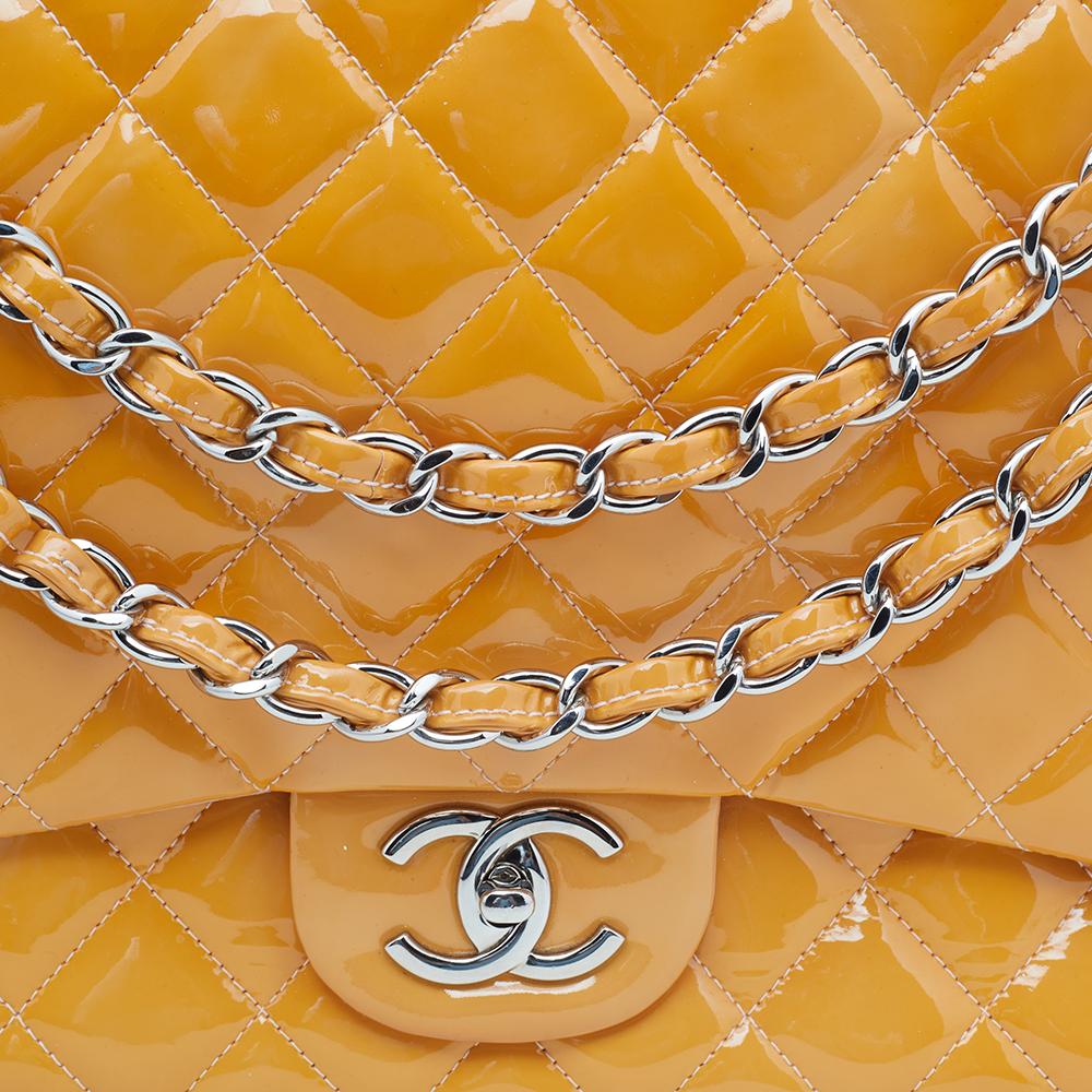Women's Chanel Mustard Yellow Quilted Patent Leather Maxi Classic Double Flap Bag