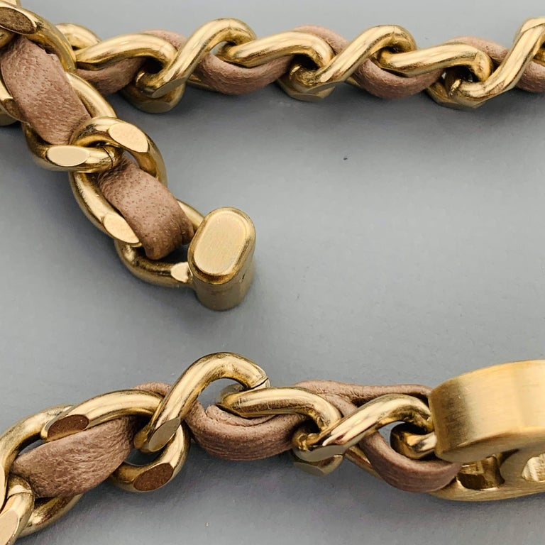 CHANEL Muted Gold Tone Chain Taupe Leather Woven CC Turnlock Choker Necklace  at 1stDibs