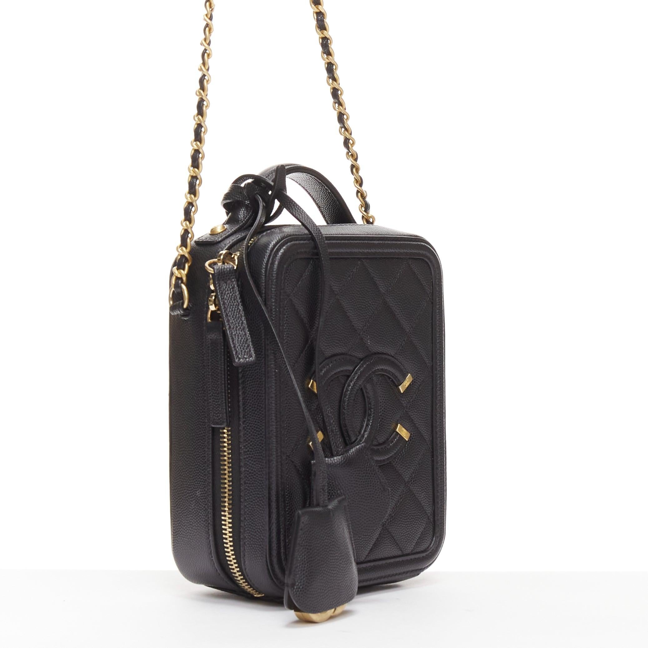 Black CHANEL N/S Vanity Vertical black filigree gold CC logo small crossbody bag