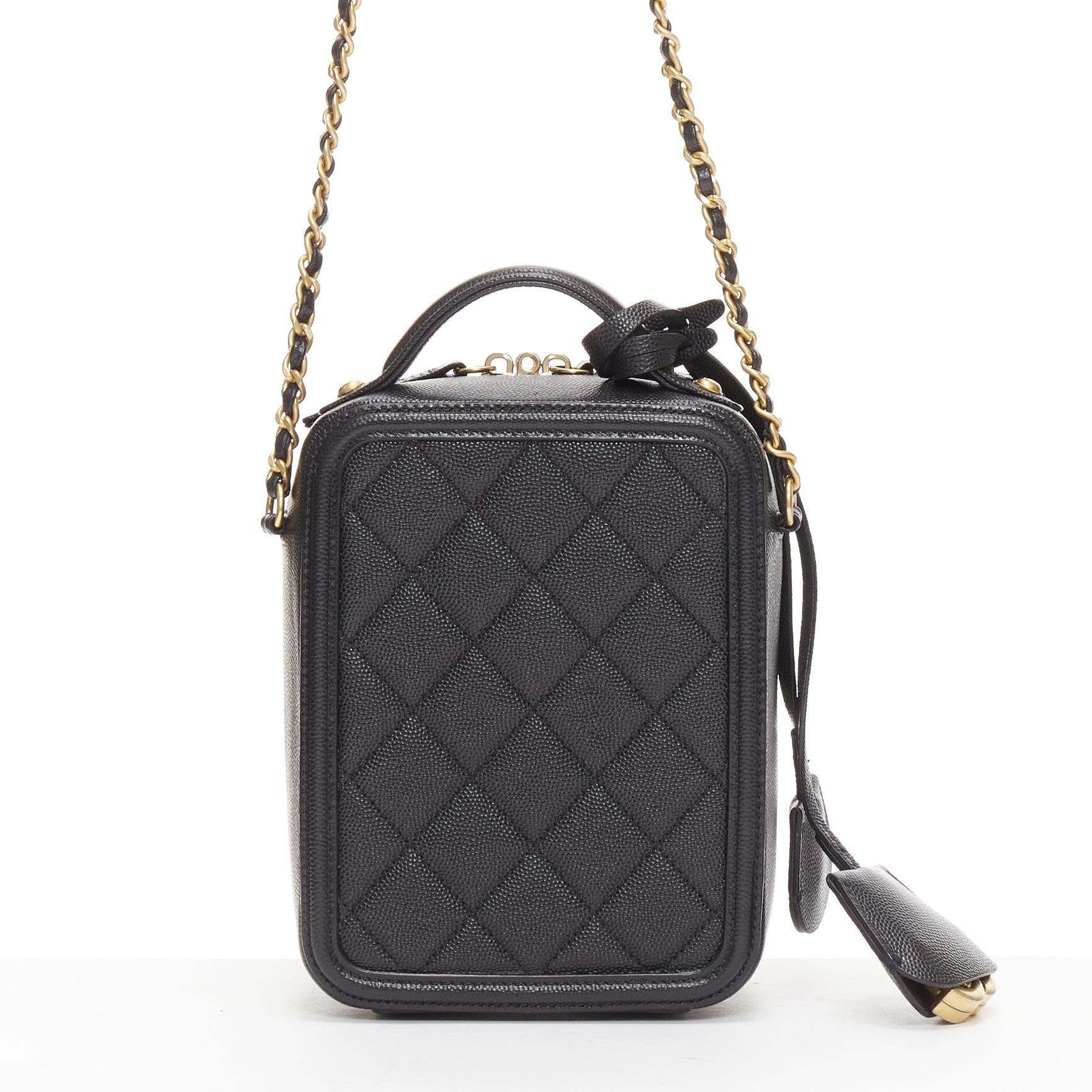 Women's CHANEL N/S Vanity Vertical black filigree gold CC logo small crossbody bag For Sale