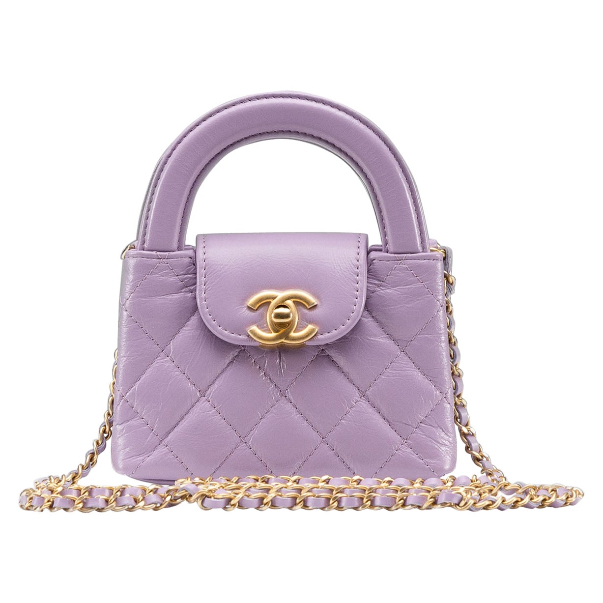 Chanel Nano Kelly Tasche NEU Fliedergold mit Goldbeschlägen
