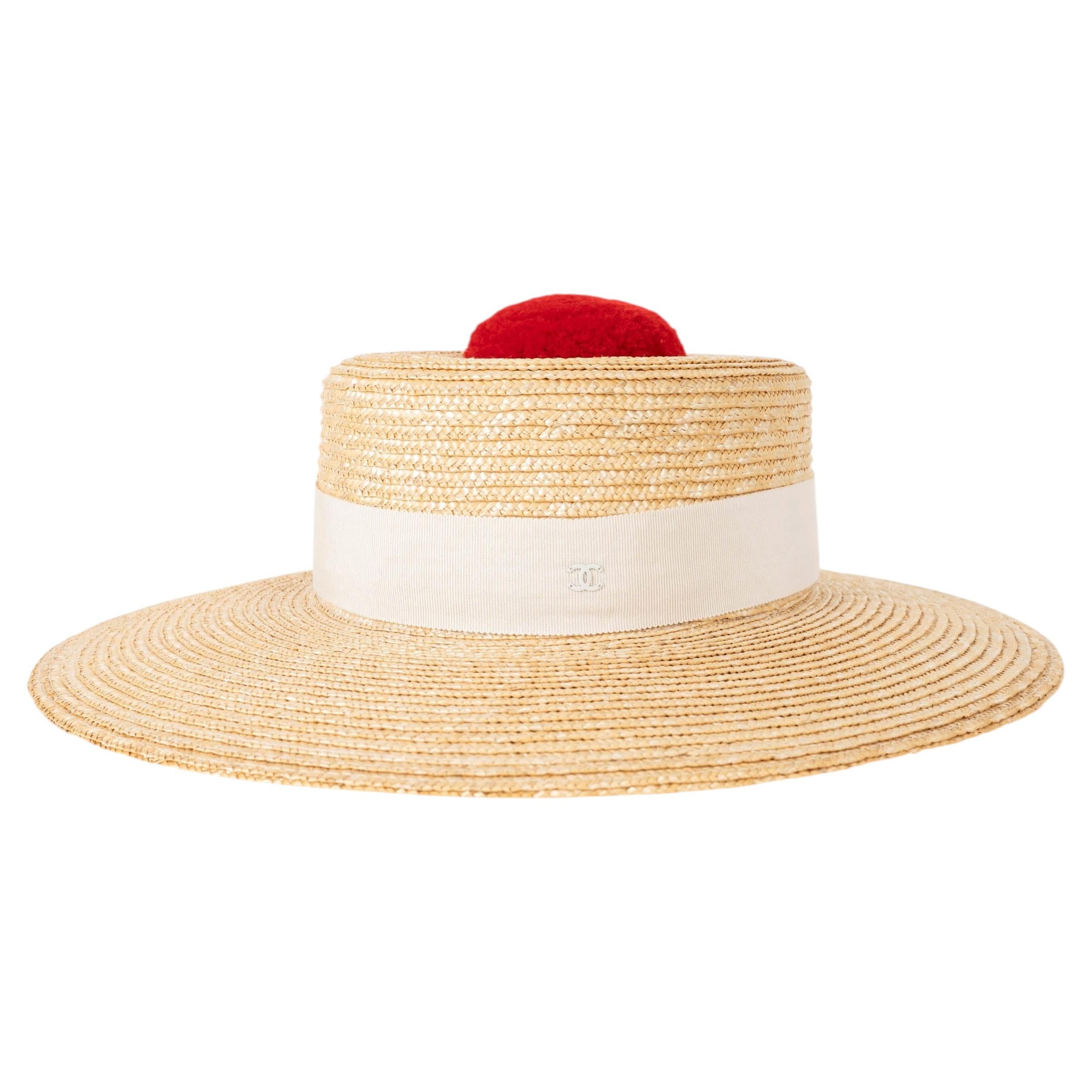 Sombrero de paja CHANEL «LA PAUSA POMPOM» estilo boater, estilo natural del siglo XIX, talla M
