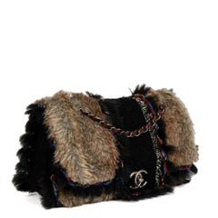 CHANEL Natural Faux Fur & Black Tweed Maxi Classic Single Flap Bag