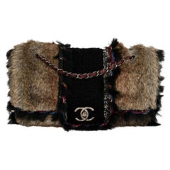 CHANEL Natural Faux Fur and Black Tweed Maxi Classic Single Flap