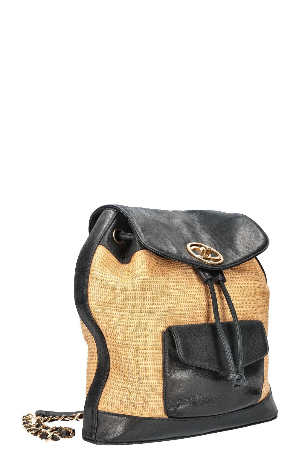 Chanel Rucksack aus natürlichem Rattan Raffia in Schwarz aus Leder im Angebot 3