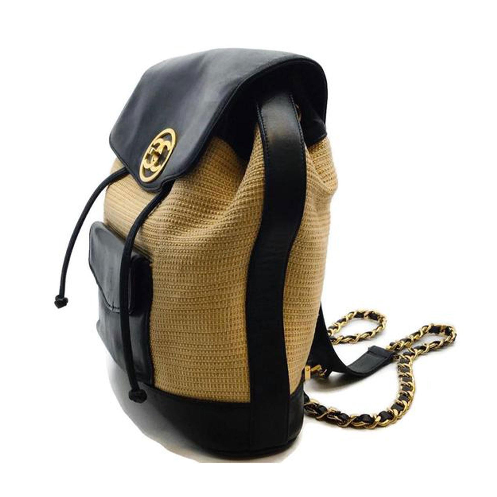 Chanel Rucksack aus natürlichem Rattan Raffia in Schwarz aus Leder im Angebot 4