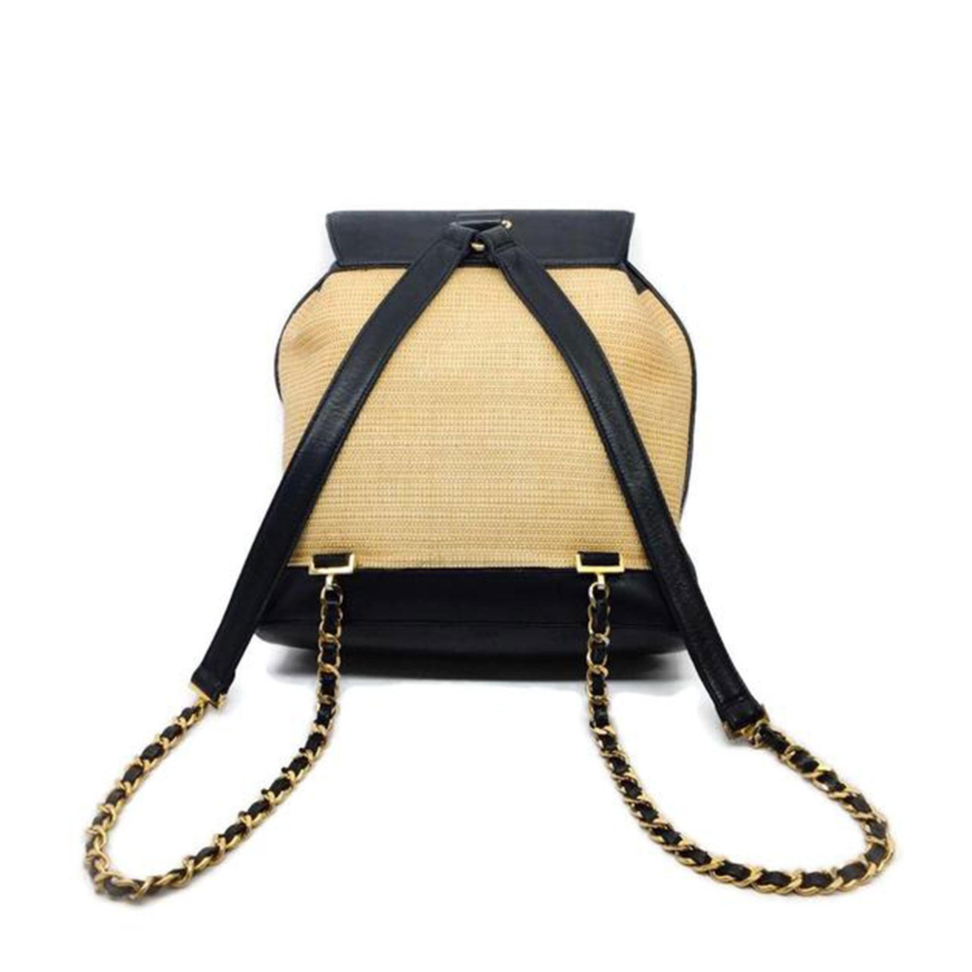 Chanel Rucksack aus natürlichem Rattan Raffia in Schwarz aus Leder im Angebot 5