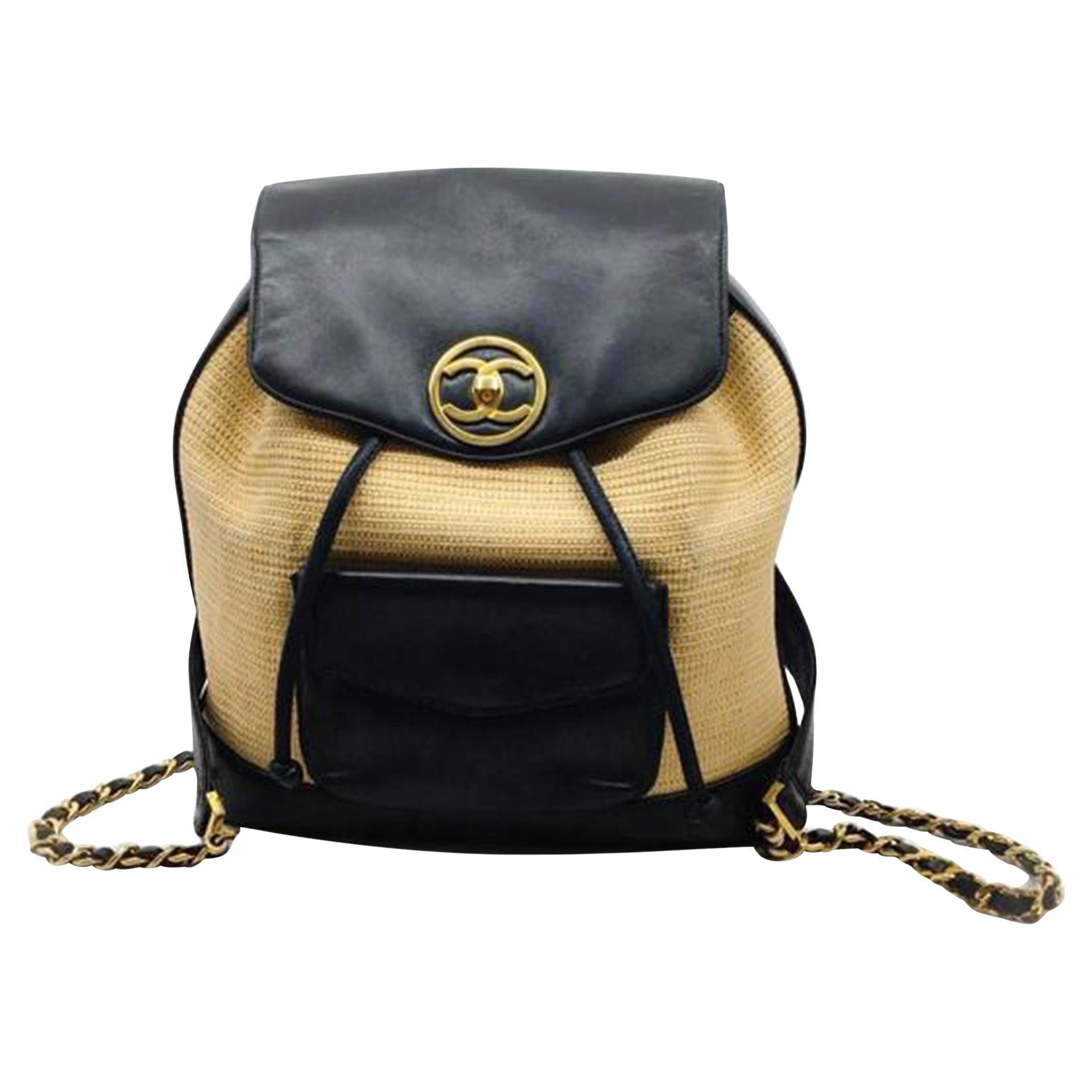 Chanel Natural Rattan Raffia Black Leather Backpack