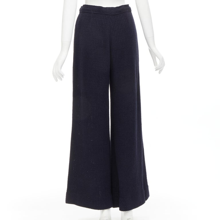 CHANEL nautical navy tweed rope tie drawstring waist wide leg pants