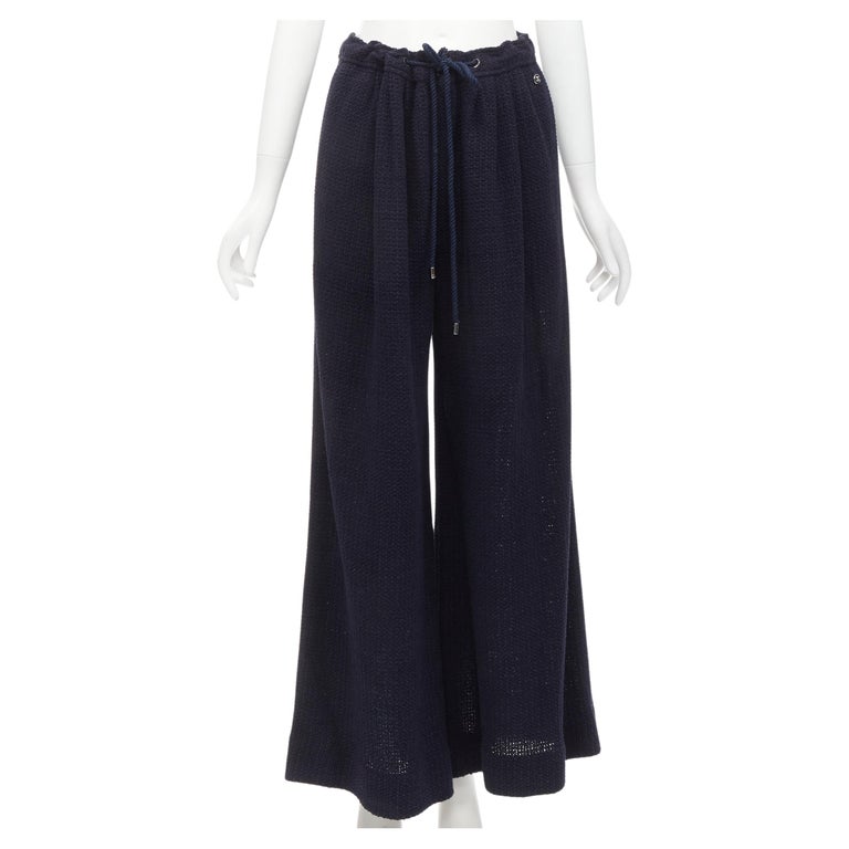 CHANEL nautical navy tweed rope tie drawstring waist wide leg pants