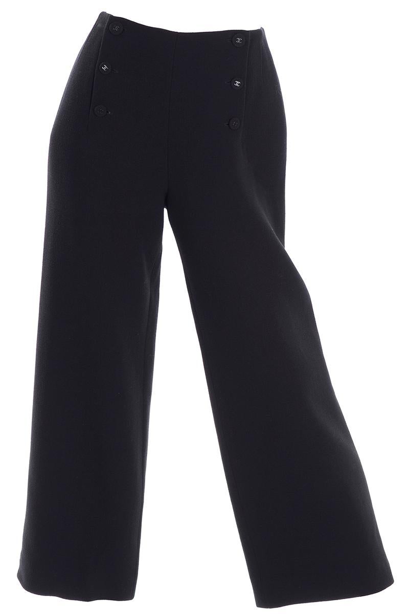 Chanel Nautical Sailor Inspired High Waist Wide Leg Black Pants W Silk Lining 3