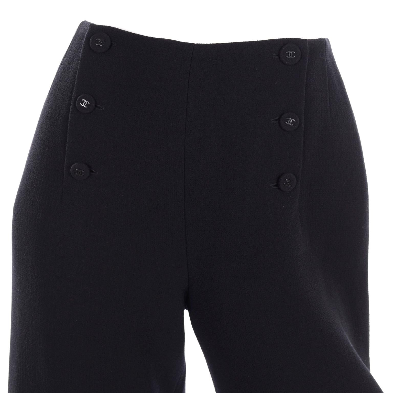 Chanel Nautical Sailor Inspired High Waist Wide Leg Black Pants W Silk Lining 1