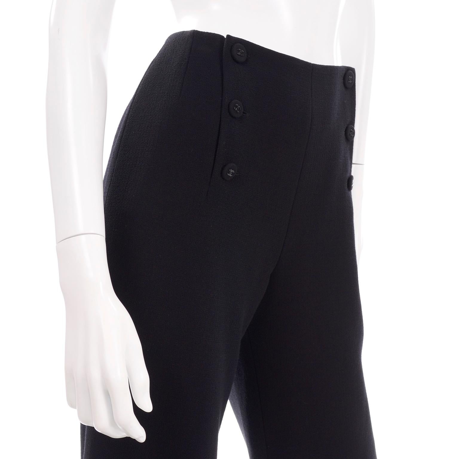 Chanel Nautical Sailor Inspired High Waist Wide Leg Black Pants W Silk Lining 2