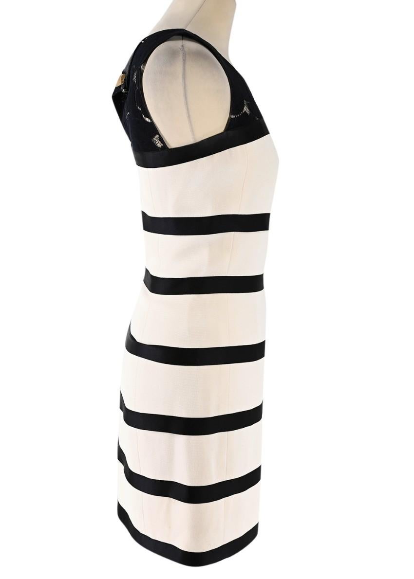 Chanel Nautical Striped Silk & Lace Shift Dress

- Classic cream and black nautical horizontal striped silk crepe shift dress
- Contrasting black lace neck and back, featuring a semi-sheer stylised rose pattern
- Concealed zip back with black tonal