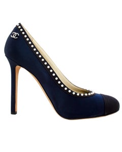 Chanel Navy Blue and Black Evening High Heel Pump Shoes with Pearls