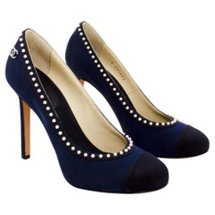Chanel Navy Blue and Black Evening High Heel Pump Shoes with Pearls