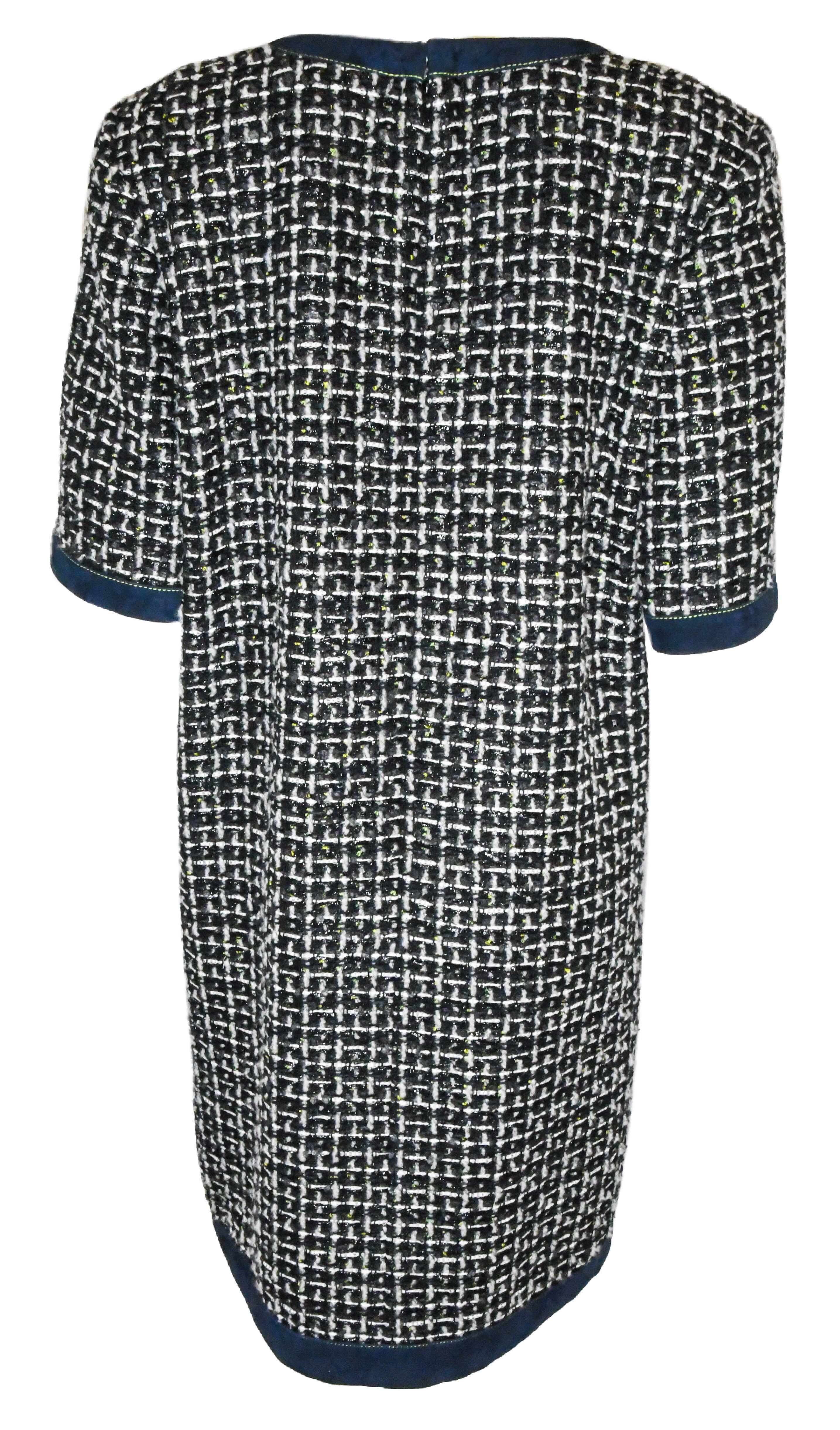 Black Chanel Navy and White Check Tweed Short Sleeve Dress For Sale