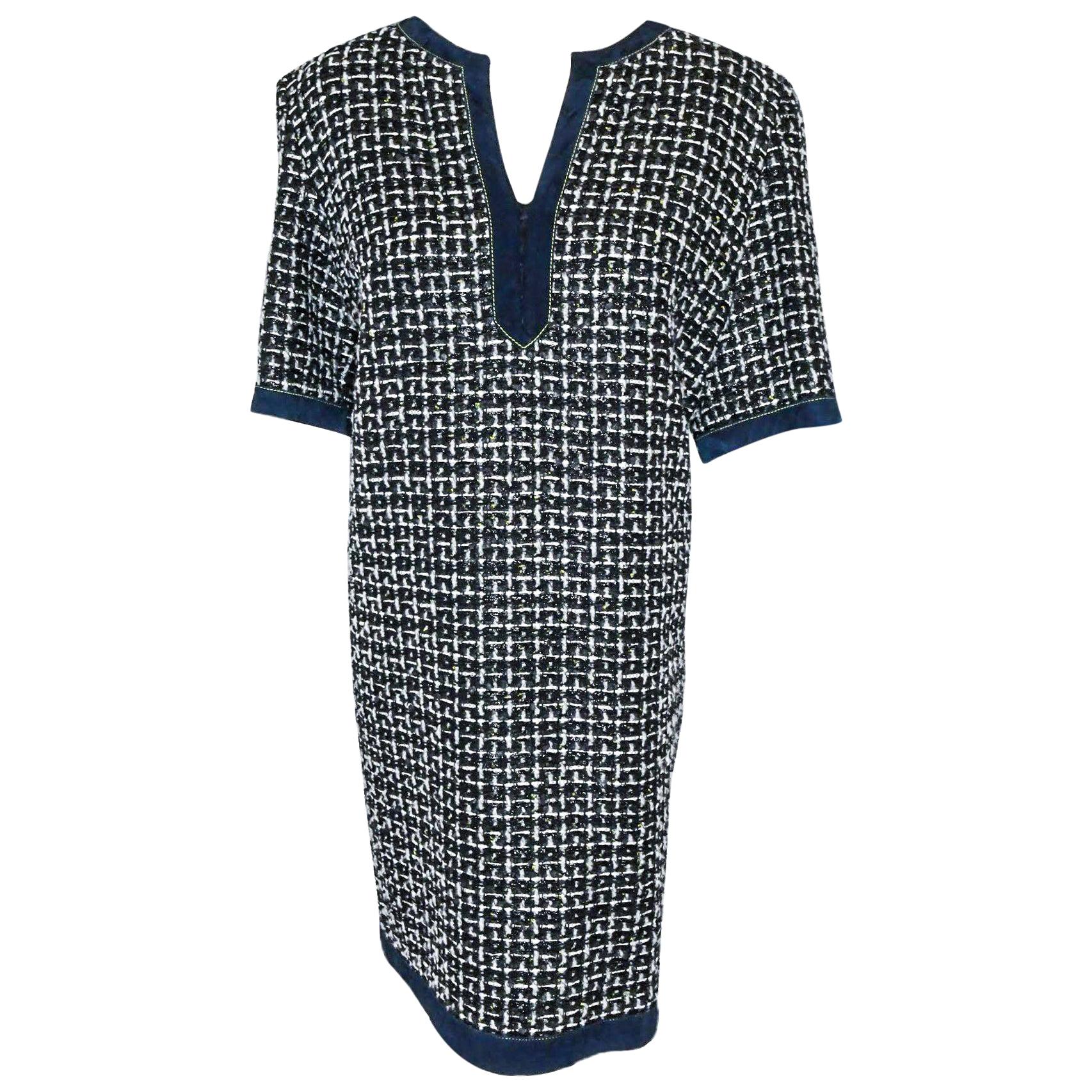 Chanel Navy and White Check Tweed Short Sleeve Dress For Sale