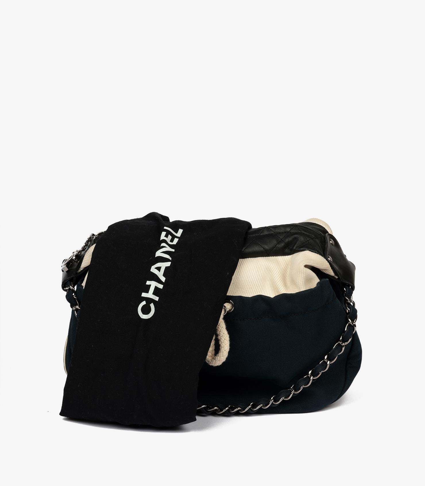 Chanel Navy, Beige Canvas & Black Quilted Lambskin Cruise Timeless Hobo Bag For Sale 7