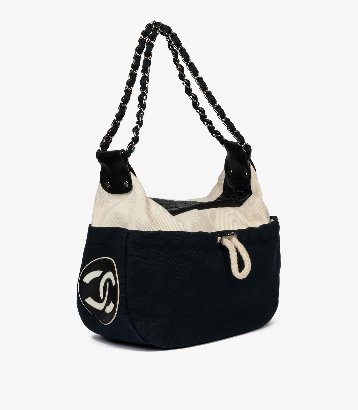 Chanel Navy, Beige Canvas & Black Quilted Lambskin Cruise Timeless Hobo Bag In Excellent Condition For Sale In Bishop's Stortford, Hertfordshire