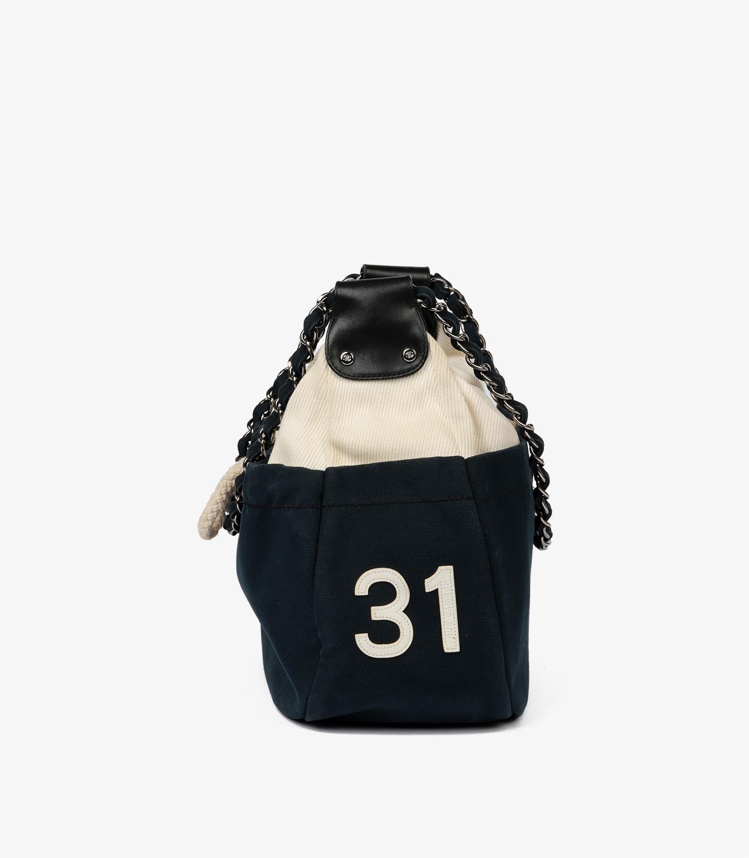 Chanel Navy, Beige Canvas & Black Quilted Lambskin Cruise Timeless Hobo Bag For Sale 1