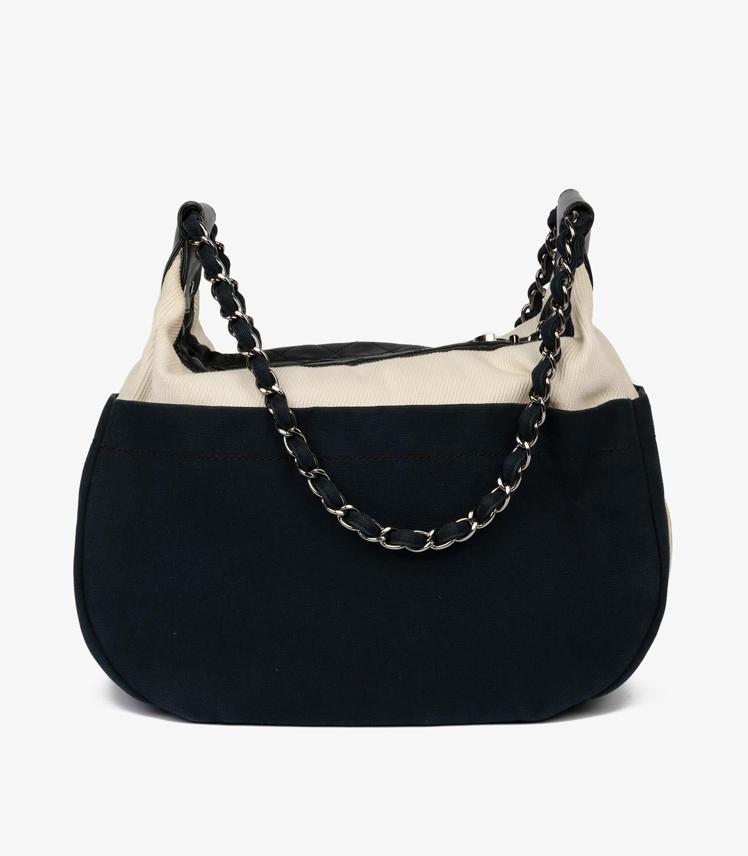 Chanel Navy, Beige Canvas & Black Quilted Lambskin Cruise Timeless Hobo Bag For Sale 2