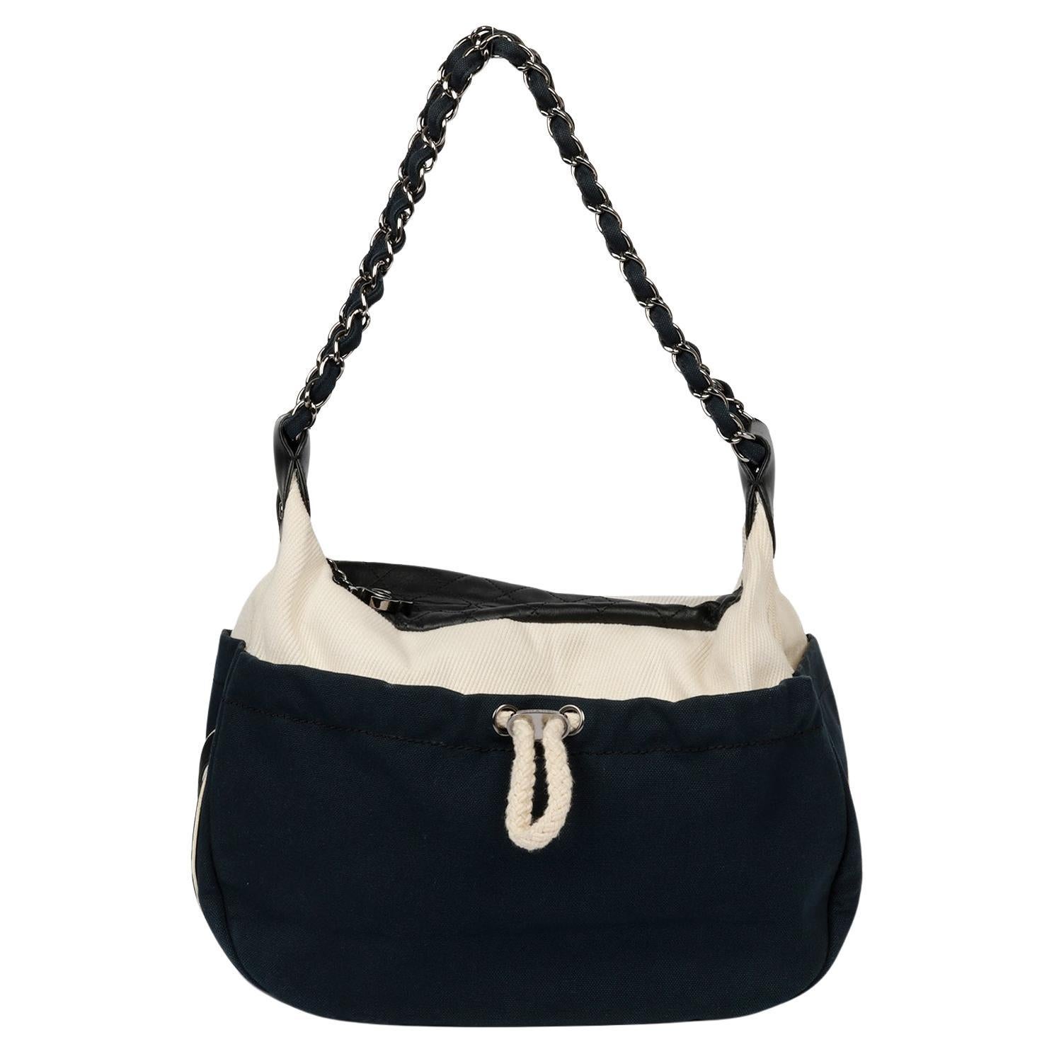 Chanel Navy, Beige Canvas & Black Quilted Lambskin Cruise Timeless Hobo Bag For Sale