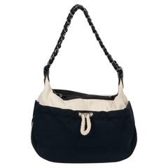 Chanel Navy, Beige Canvas & Black Quilted Lambskin Cruise Timeless Hobo Bag