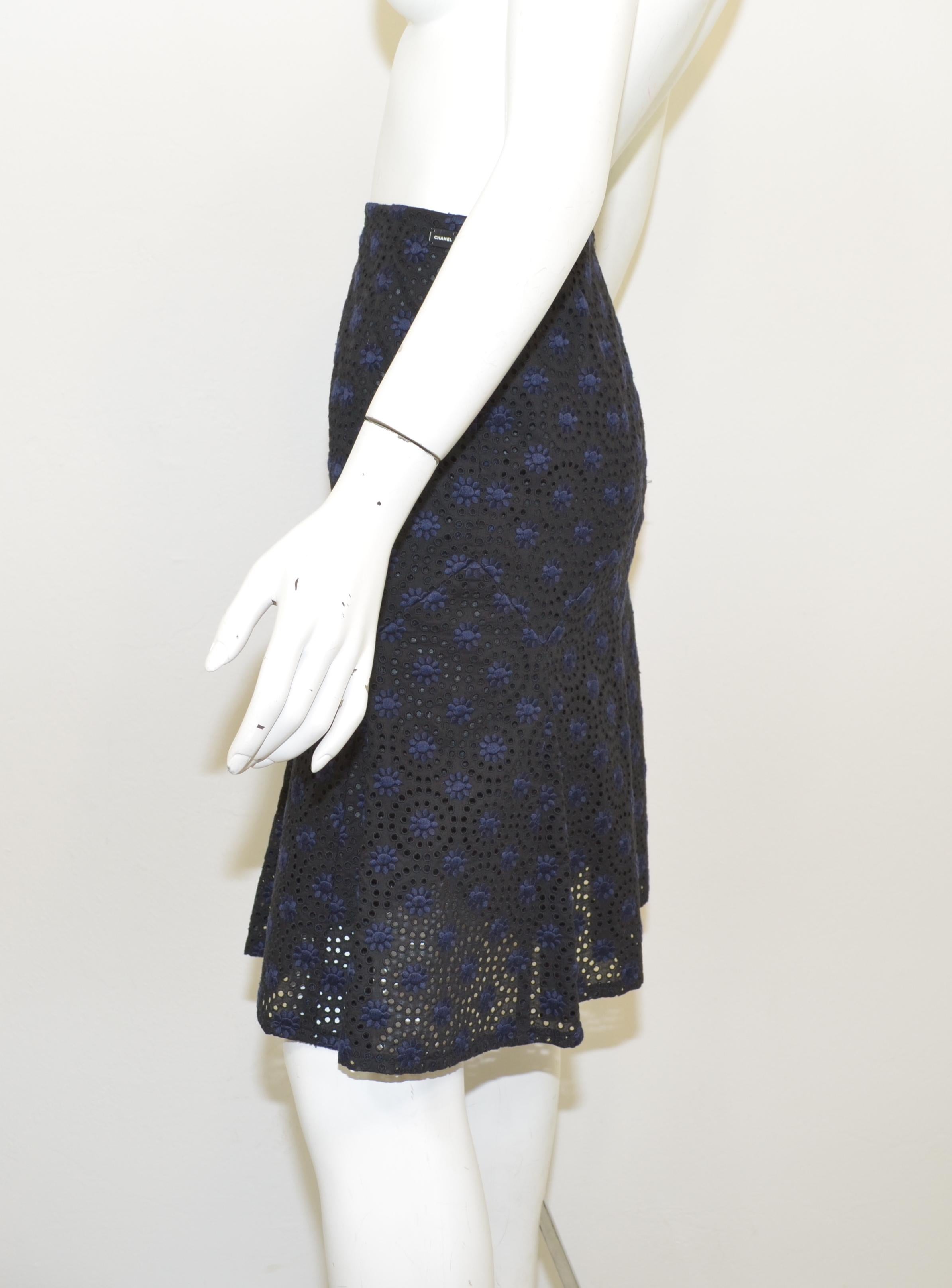 Chanel Navy, Black 06P Floral Eyelet Skirt In Excellent Condition For Sale In Carmel, CA