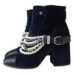 Chanel Navy Black Chest Velvet Cap Toe Pearl Chain Ankle Boots/Booties