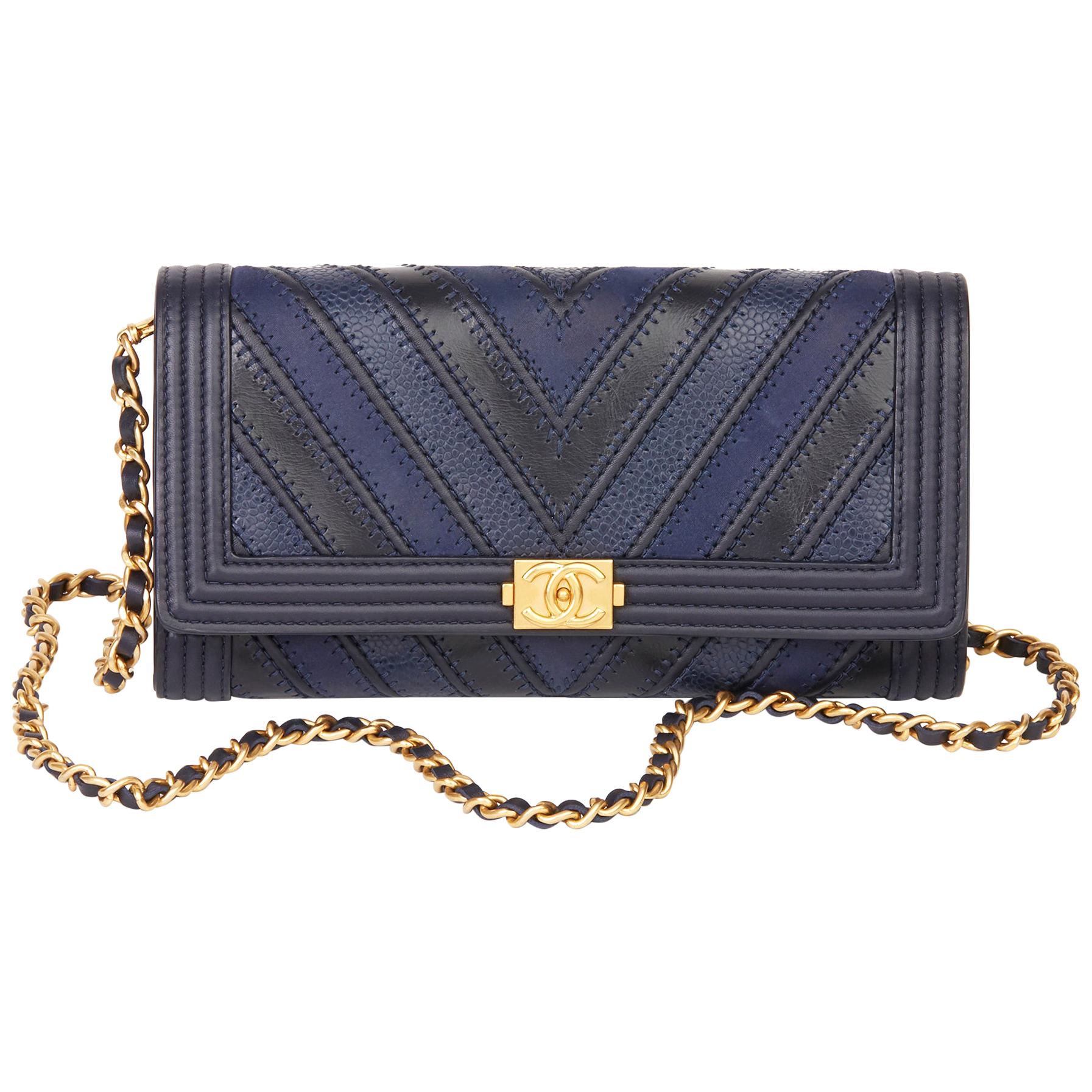 Chanel Navy, Black Chevron, Calfskin, Lambskin & Caviar Leather Le Boy WOC