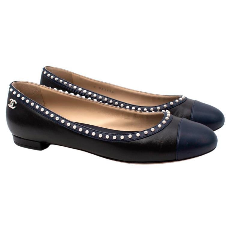 Chanel Navy & Black Faux-Pearl Trim Ballerinas For Sale
