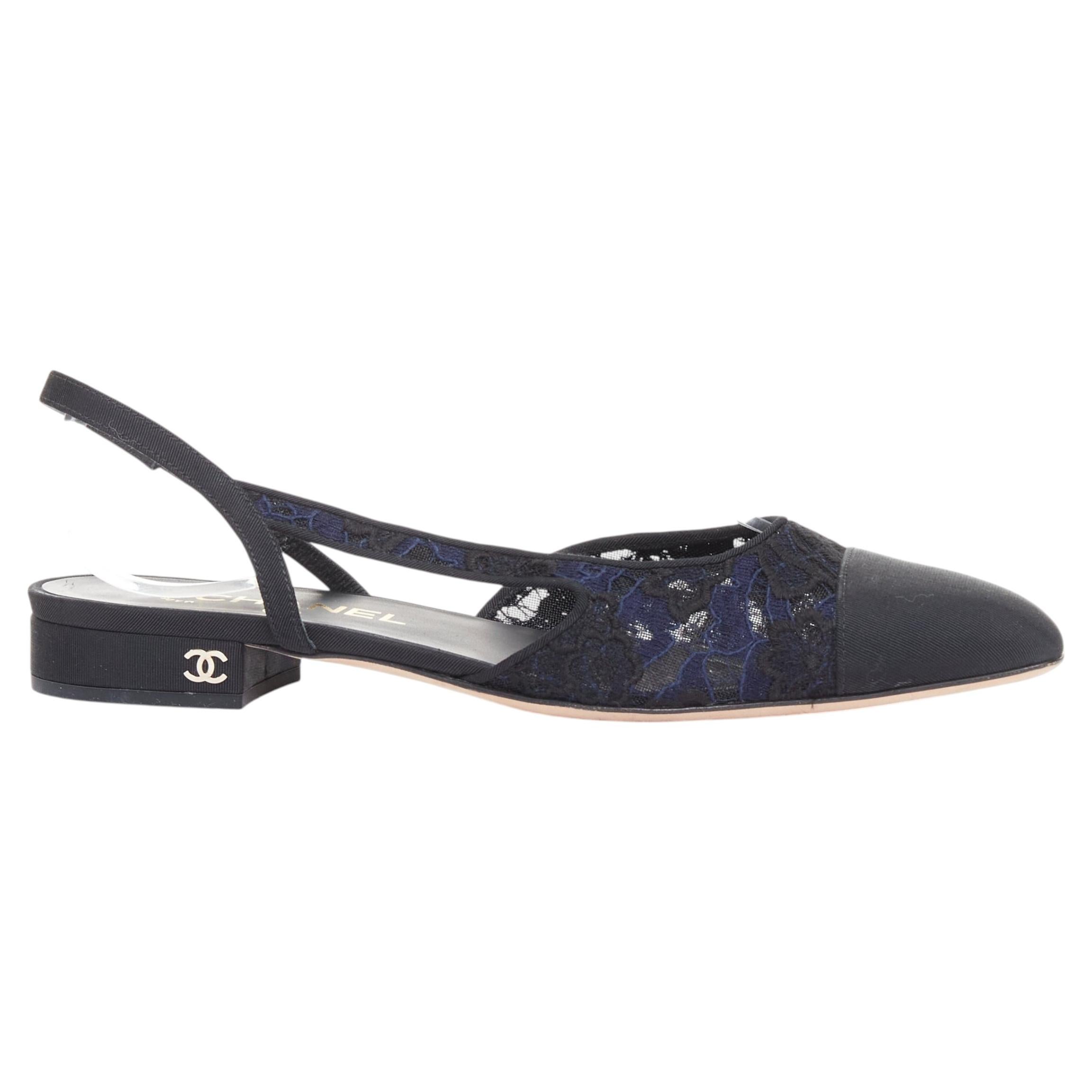 CHANEL navy black lace silver CC logo lace grosgrain slingback ballet flat