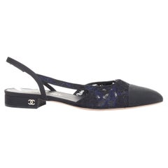 CHANEL navy black lace silver CC logo lace grosgrain slingback ballet flat