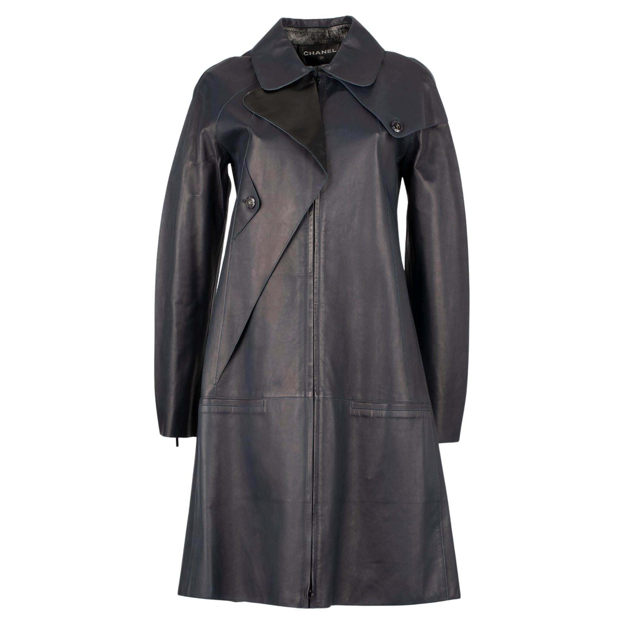 Chanel Navy and Black Leather Trench With Zip 38 FR at 1stDibs
