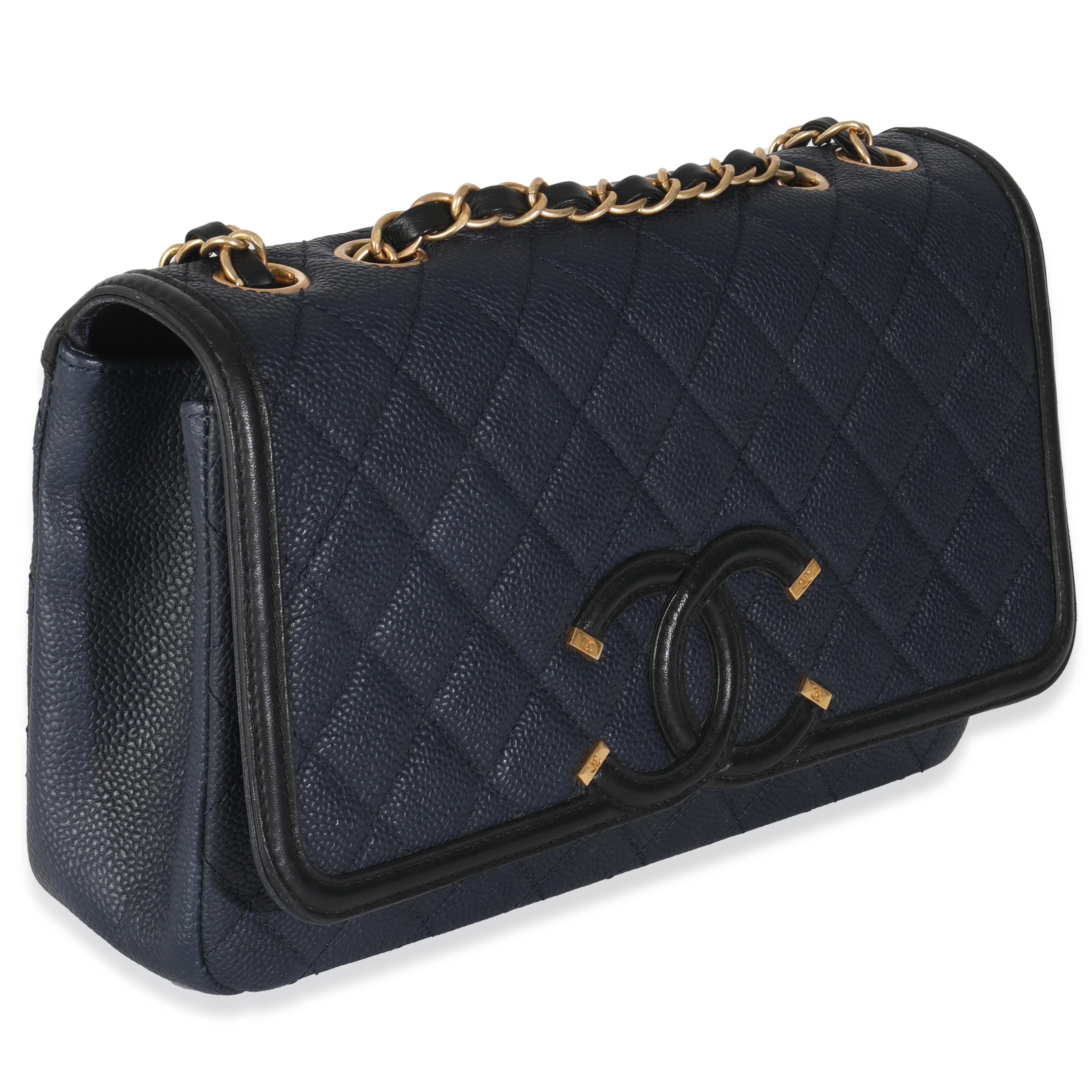 Chanel Navy Black Quilted Caviar Medium CC Filigree Flap Handbag In Excellent Condition In New York, NY