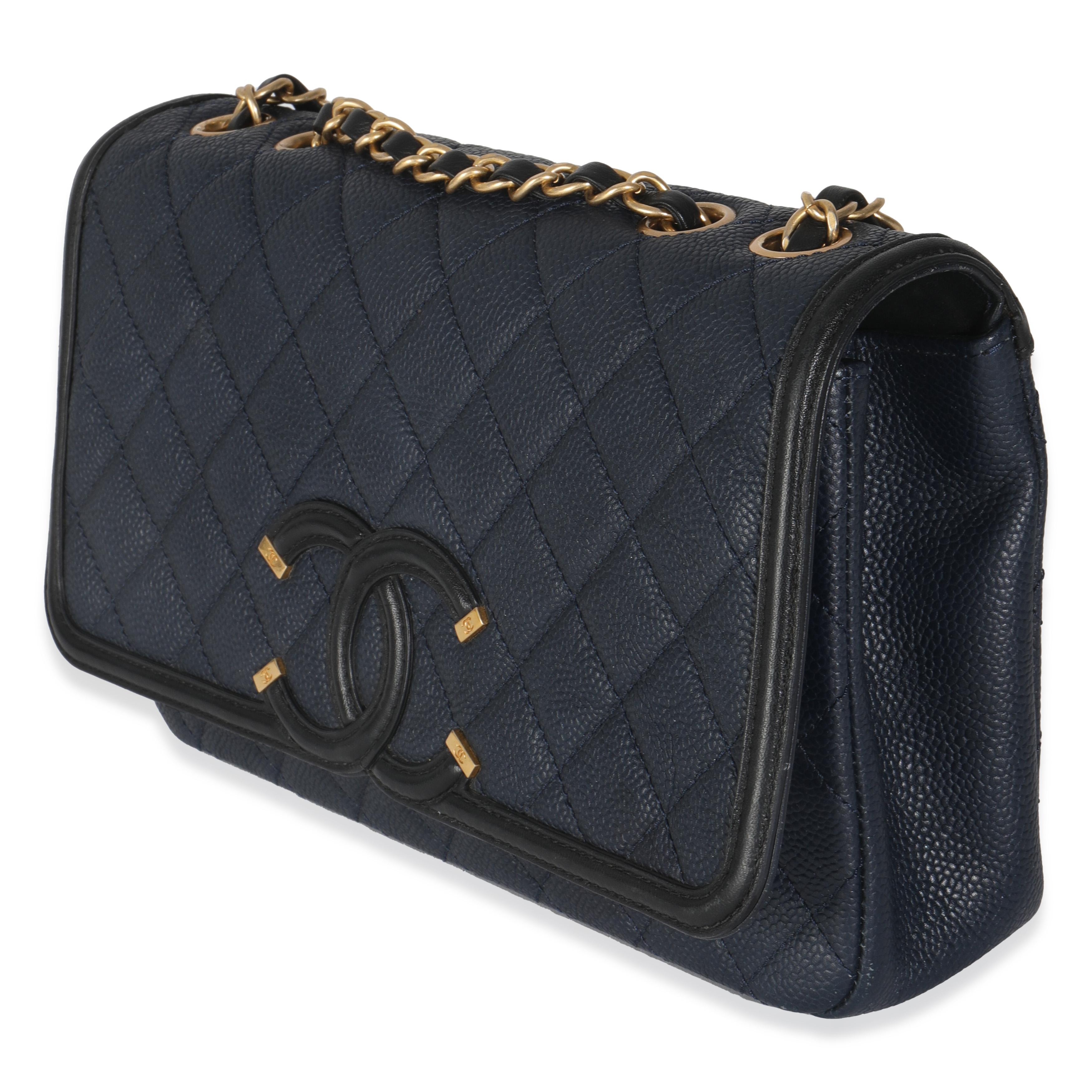Women's Chanel Navy Black Quilted Caviar Medium CC Filigree Flap Handbag