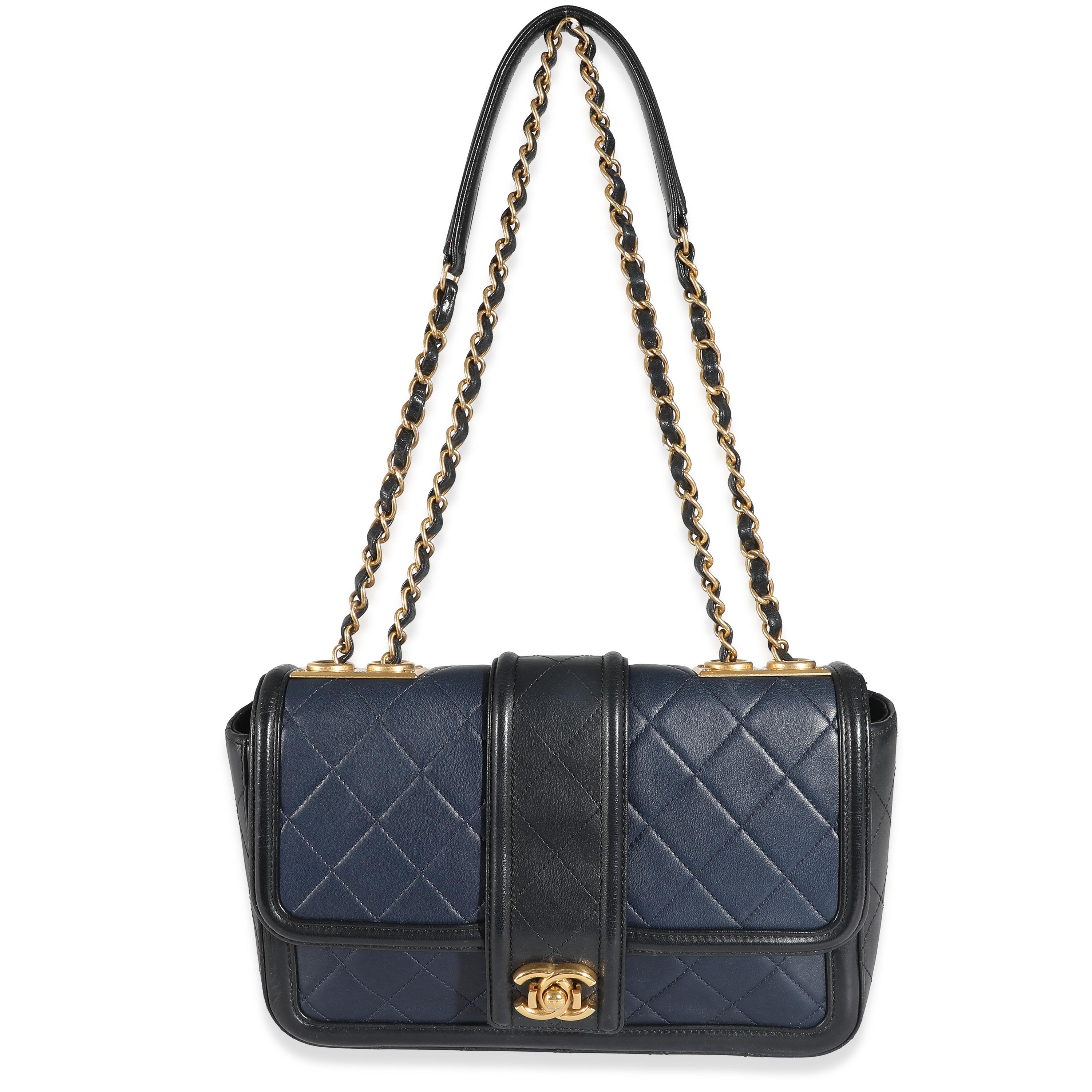 Chanel Navy Black Quilted Lambskin Medium Elegant CC Flap Bag In Excellent Condition For Sale In New York, NY