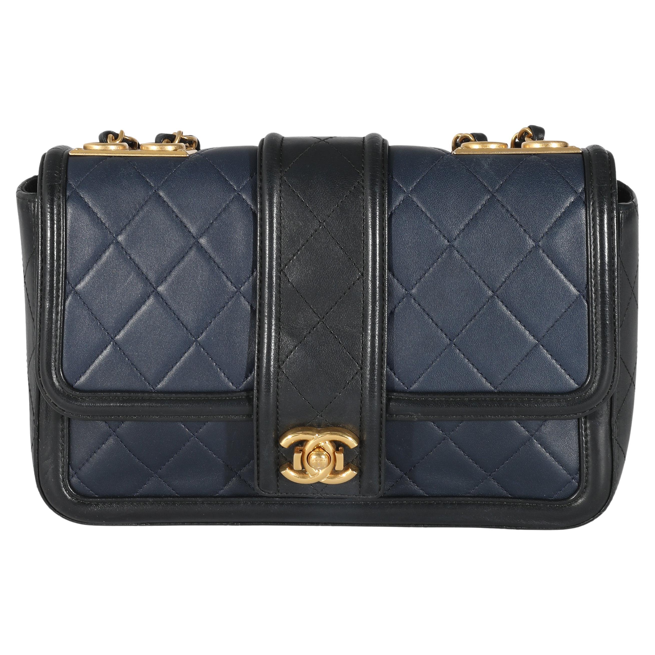 Chanel Navy Black Quilted Lambskin Medium Elegant CC Flap Bag For Sale